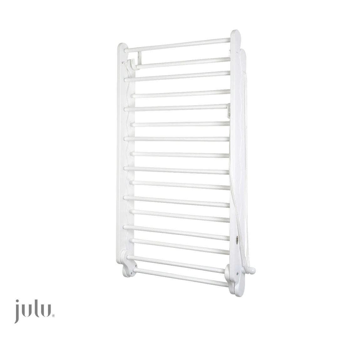 White Wooden Clothes Airer, Shown Closed up on a Wall.  Made by Julu
