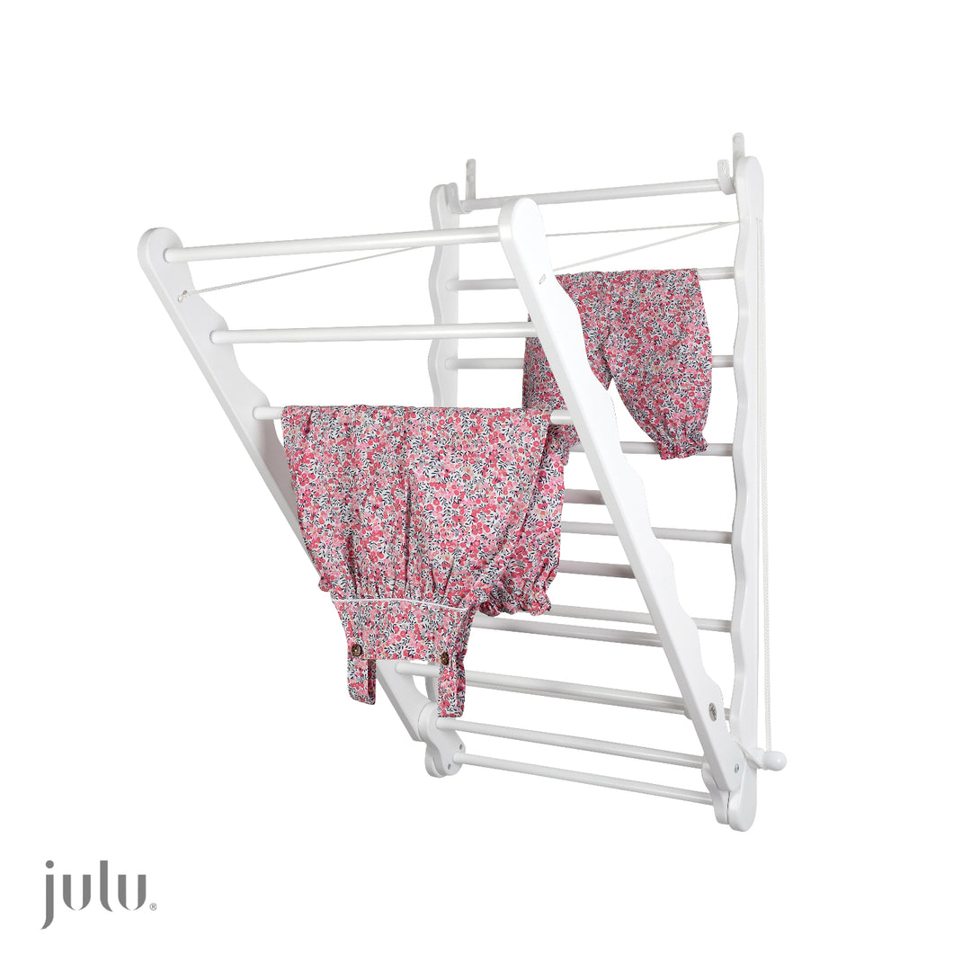 White Wooden Clothes Airer, Shown drying clothes on a Wall.  Made by Julu