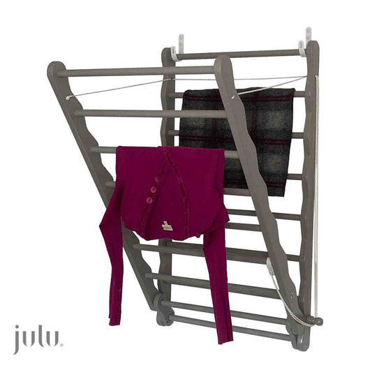 Image of Julu Bunty wall mounted clothes drying rack in grey | cutout image showing with clothes drying 