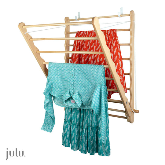 Quality Wooden Clothes Airer from Julu, open with cloths drying