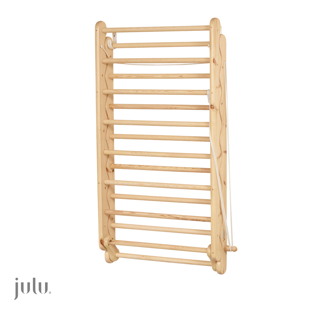 Folded up Julu Bunty Pine Clothes Airer, looking Elegant.