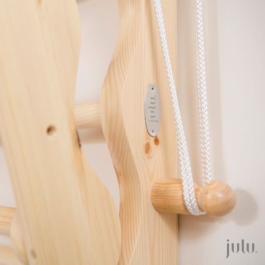 Julu Logo and Spindle close up.  Practical and pretty clothes airer.
