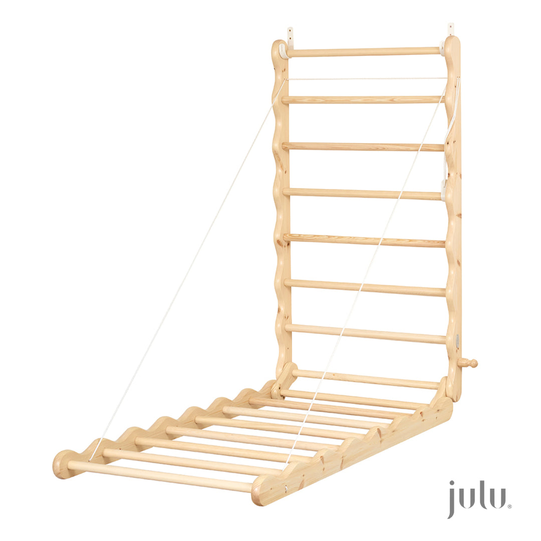 Fully open wooden clothes drying rack. Designed and made by Julu