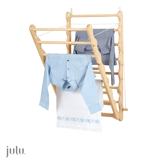 Slightly open with clothes, wooden clothes drying rack. Designed and made by Julu