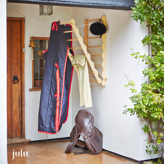 Julu Wooden Clothes Airer, drying horse blanket & Jodpurs. Designed by Julu